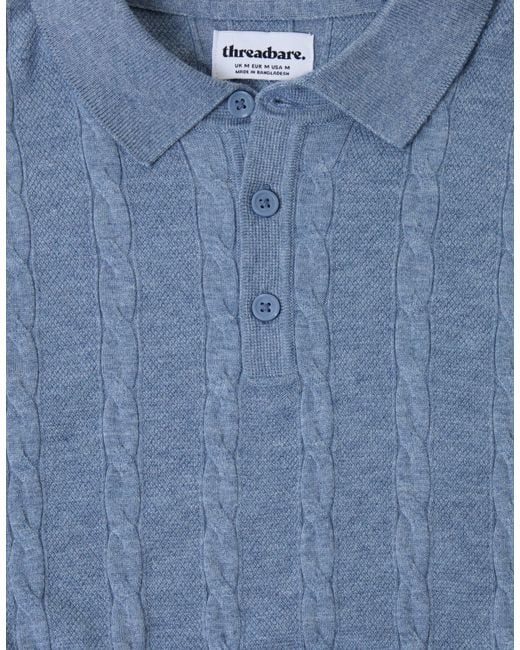 Threadbare Blue Cable Stripe Knitted Button Polo for men