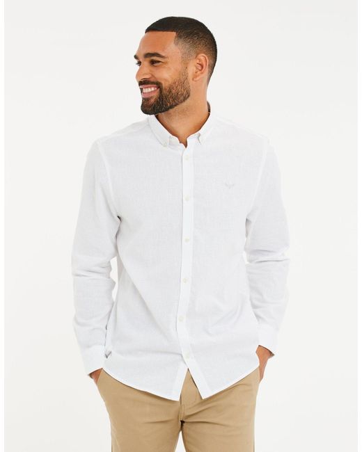 Threadbare White Long Sleeve Linen Blend Shirt for men