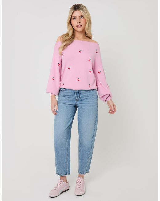 Threadbare Pink Cherry Embroidery Slash Neck Jumper