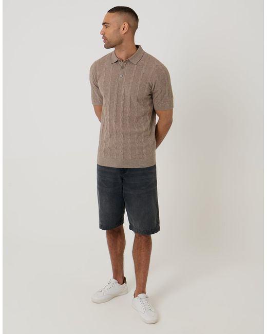 Threadbare Brown Cable Stripe Knitted Button Polo for men