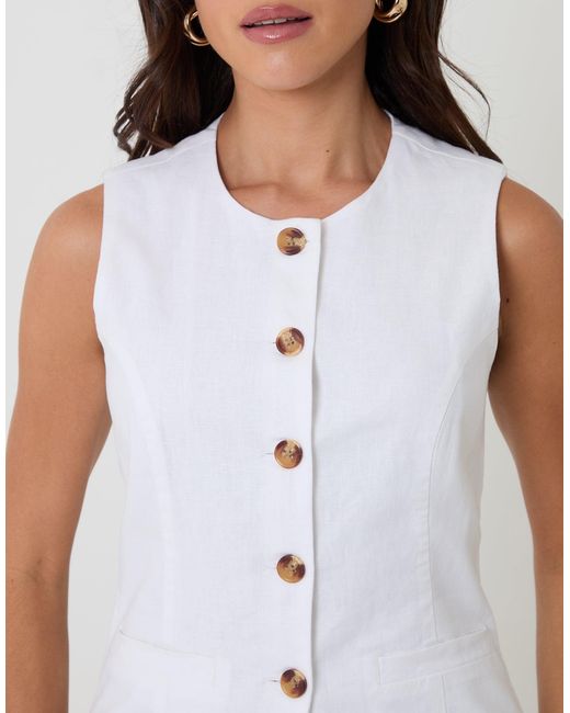 Threadbare White Linen Blend Longline Waistcoat