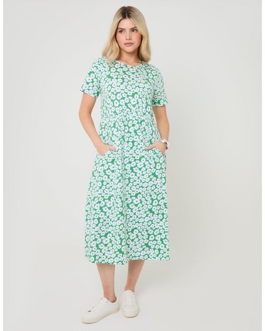 Threadbare Green Pure Cotton Midi Smock Dress With Pockets