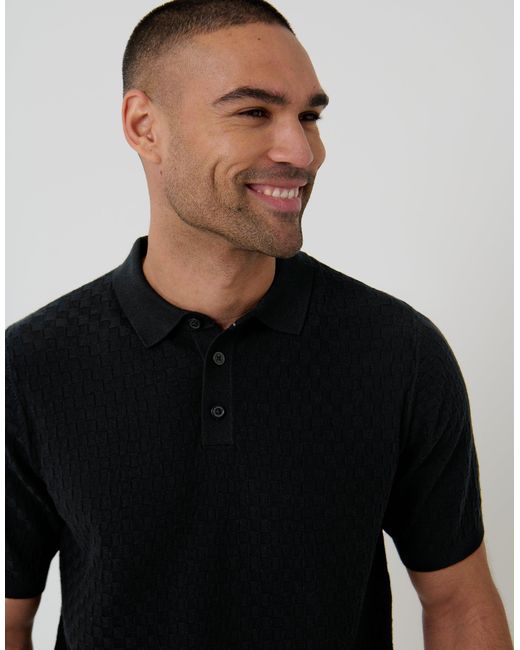 Threadbare Black Basket Stitch Knitted Polo for men
