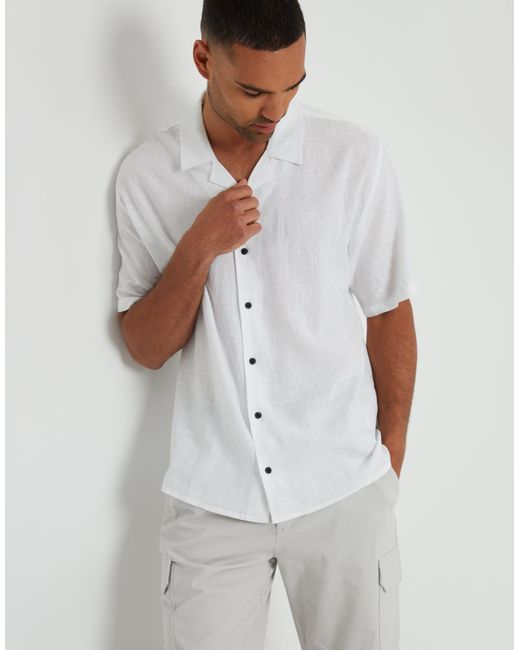 Threadbare White Relaxed Fit Linen Blend Revere Collar Short Sleeve Shirt for men