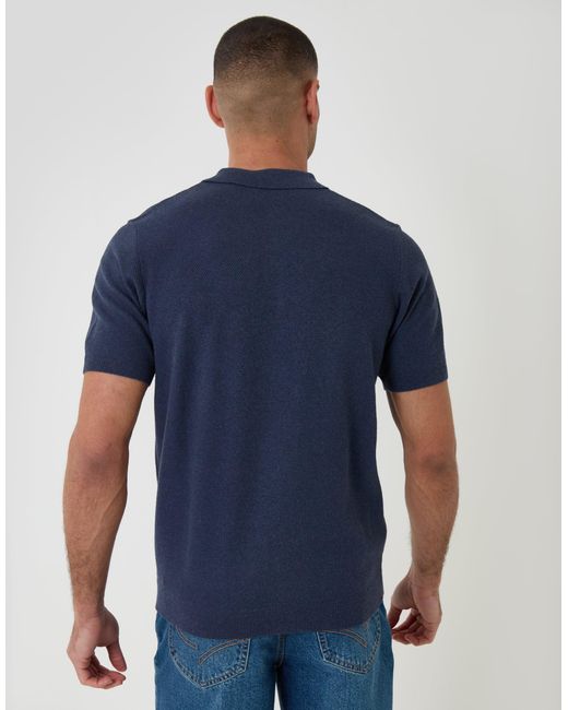 Threadbare Blue Moss Stitch Knitted Polo for men