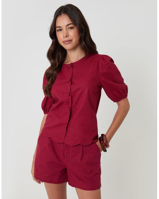 Threadbare Red Linen Blend Puff Sleeve Top