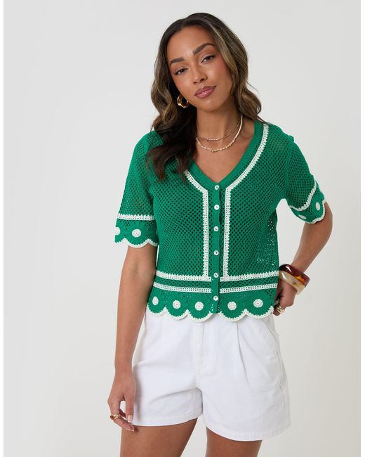 Threadbare Green Pure Cotton Crochet Style Flower Hem Top