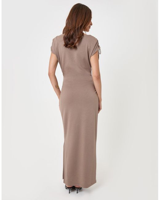 Threadbare Natural Ruched Midi Dress With Shoulder Tie Details