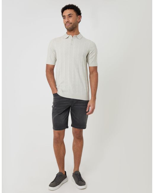Threadbare White Cable Stripe Knitted Button Polo for men