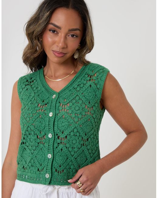 Threadbare Green Crochet Button Up Vest