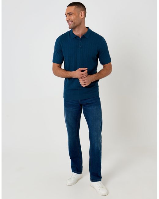 Threadbare Blue Zig Zag Stitch Knitted Polo for men