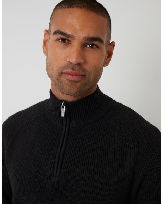 Threadbare Black Rib Panel Quarter Zip Knitted Jumper for men