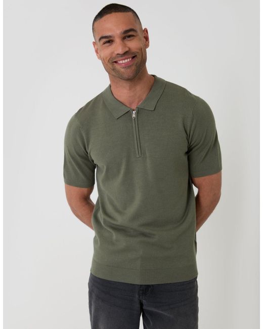 Threadbare Green Quarter Zip Knitted Polo for men