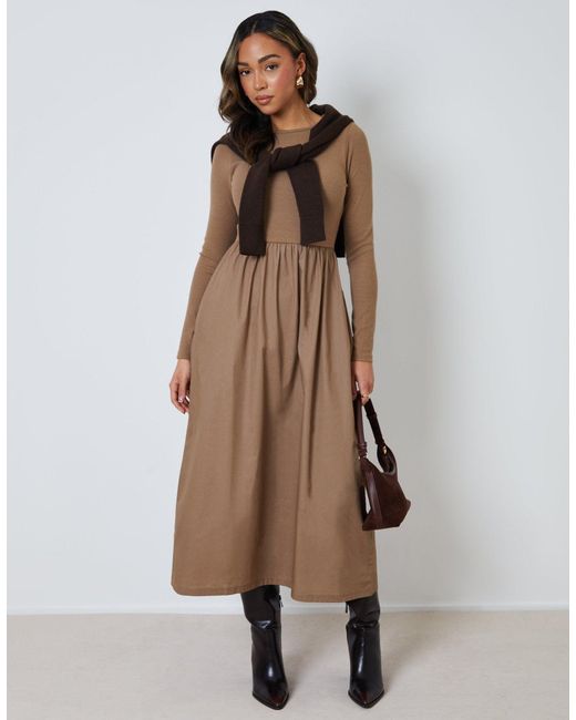 Threadbare Brown Rib Jersey 2-In-1 Midi Dress With Poplin Skirt