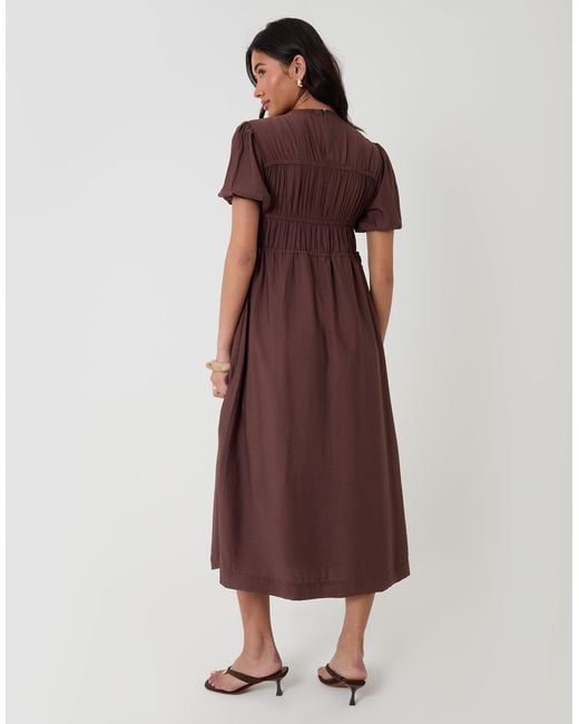 Threadbare Brown Ruched Drawstring Puff Sleeve Midi Dress