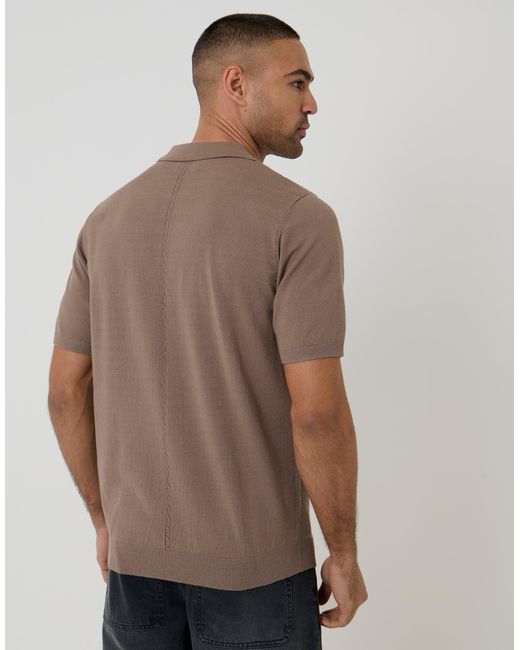 Threadbare Brown Cable Knit Quarter Zip Polo for men