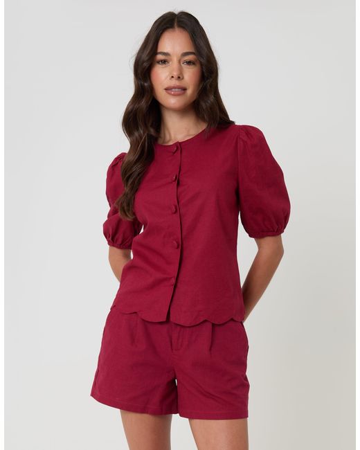 Threadbare Red Linen Blend Puff Sleeve Top
