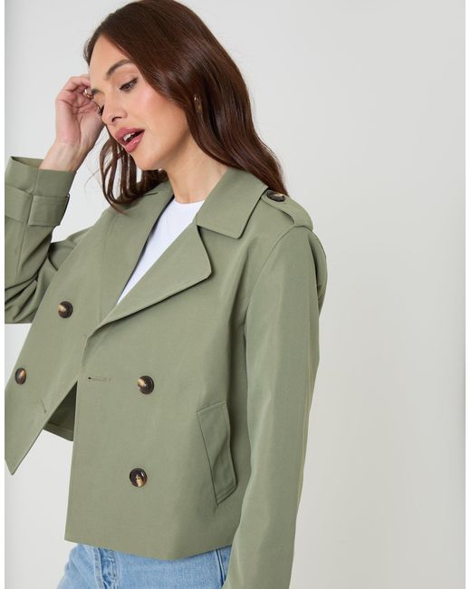 Threadbare Green Double Breasted Cropped Trench Coat