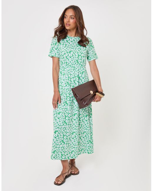 Threadbare Green Crew Neck Jersey Midi Dress With Patch Pockets