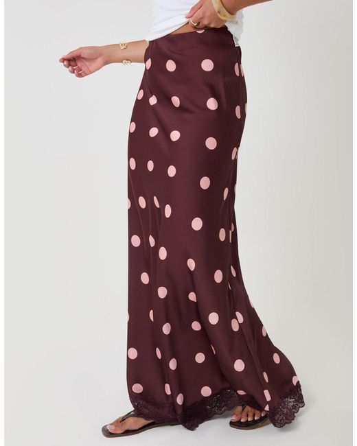 Threadbare Red Petite Satin Lace Trim Maxi Skirt