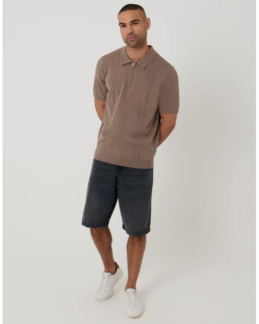 Threadbare Brown Cable Knit Quarter Zip Polo for men