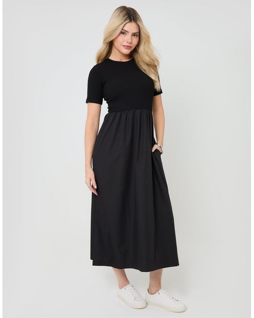 Threadbare Black 2-In-1 Jersey Poplin Mix Crew Neck Midi Dress