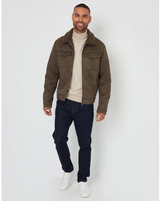 Threadbare Brown Faux Suede Borg Lined Aviator Jacket for men