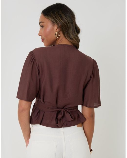 Threadbare Brown Flutter Sleeve Tie-Back Top
