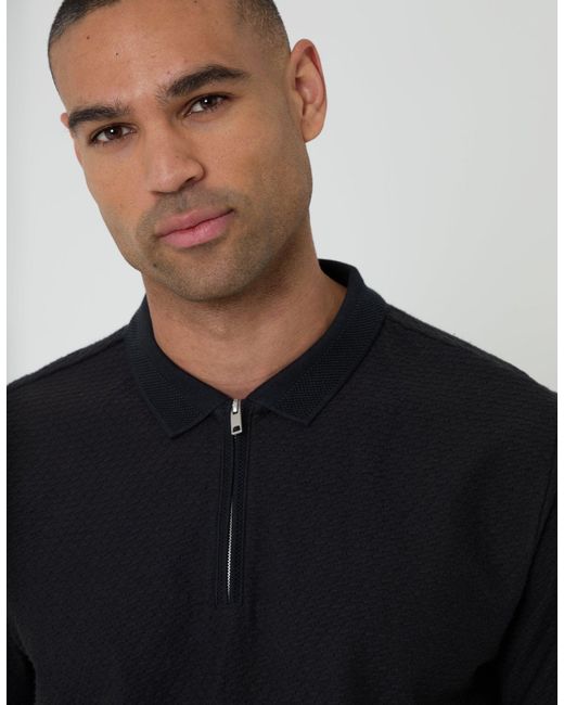 Threadbare Black Textured Quarter Zip Polo Shirt for men