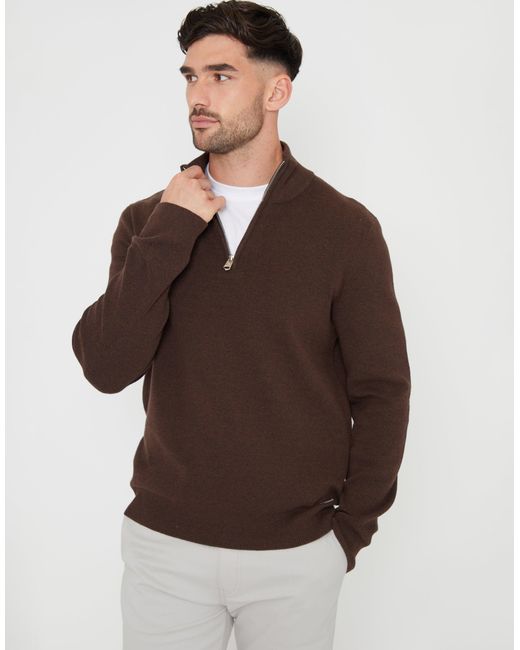Threadbare Brown Knitted Quarter Zip Jumper for men