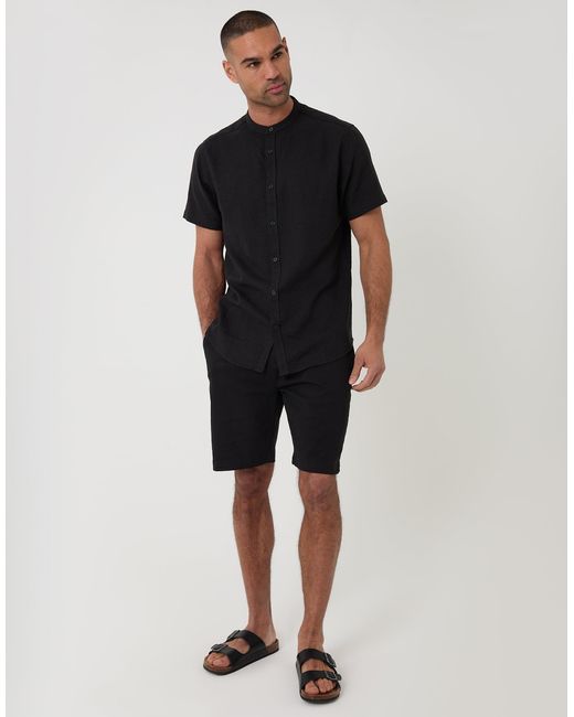 Threadbare Black Grandad Collar Linen Blend Short Sleeve Shirt for men