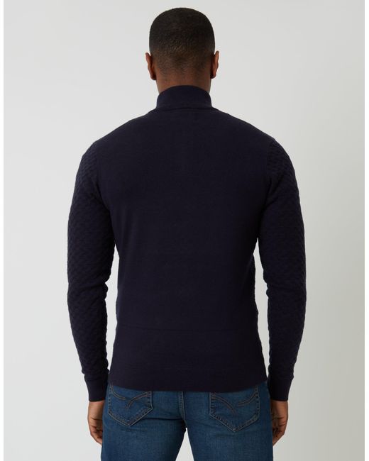 Threadbare Blue Textured Cable Knit Quarter Zip Jumper for men