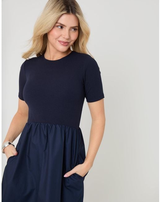 Threadbare Blue 2-In-1 Jersey Poplin Mix Crew Neck Midi Dress