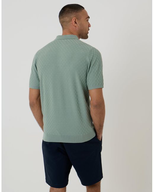 Threadbare Green Basket Stitch Knitted Polo for men