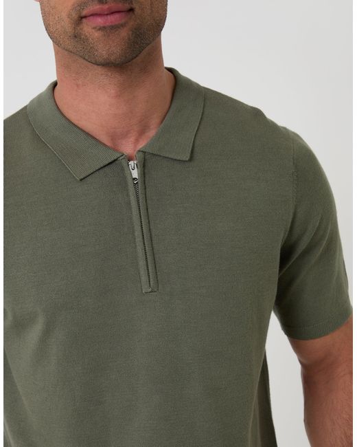 Threadbare Green Quarter Zip Knitted Polo for men