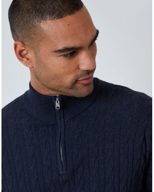 Threadbare Blue Cable Knit Quarter Zip Jumper for men