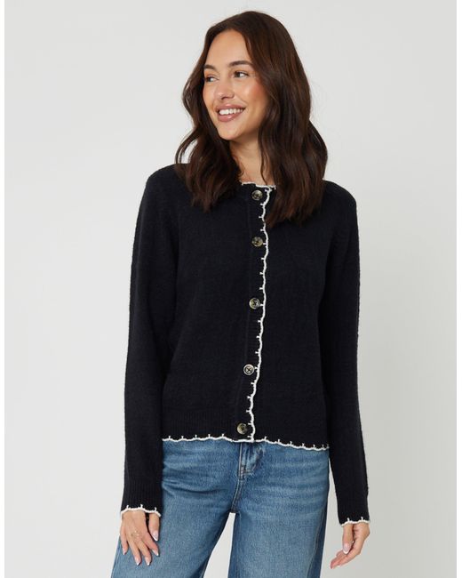 Threadbare Black Crew Neck Scallop Trim Cardigan