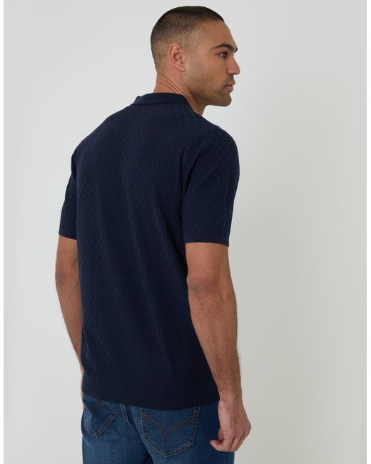 Threadbare Blue Basket Stitch Knitted Polo for men