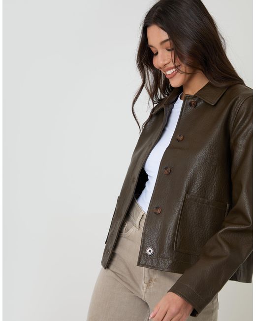 Threadbare Brown Faux Leather Cropped Button Up Jacket