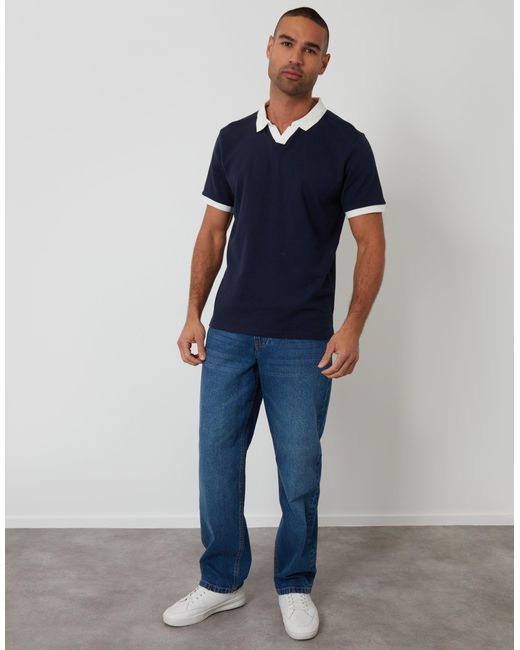 Threadbare Blue Trophy Neck Waffle Polo Shirt for men