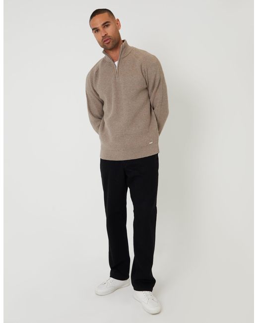 Threadbare Brown Rib Panel Quarter Zip Knitted Jumper for men