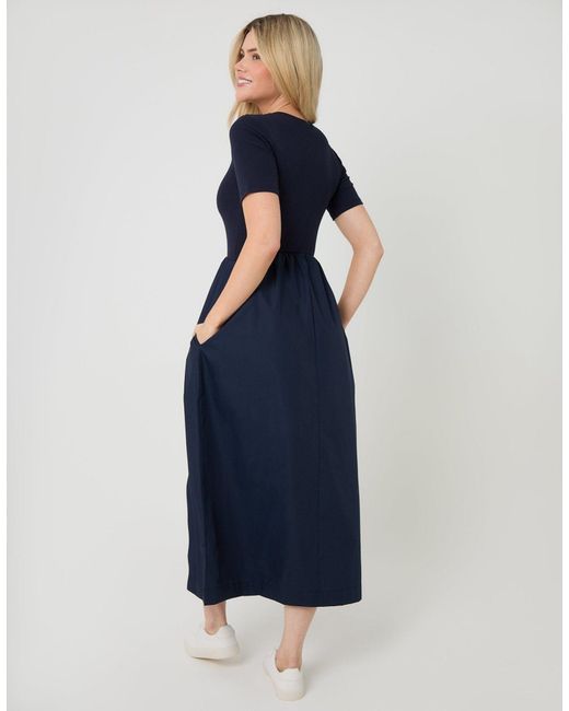 Threadbare Blue 2-In-1 Jersey Poplin Mix Crew Neck Midi Dress