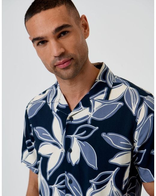 Threadbare Blue Leaf Print Short Sleeve Shirt for men