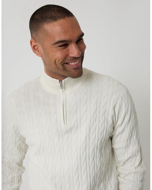 Threadbare White Cable Knit Quarter Zip Jumper for men