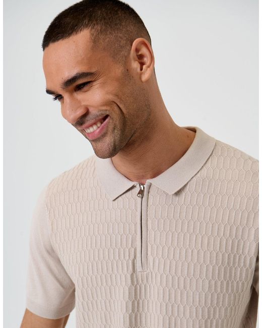 Threadbare Natural Textured Knit Quarter Zip Polo for men