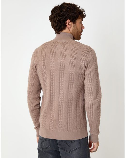 Threadbare Natural Cable Knit Quarter Zip Jumper for men