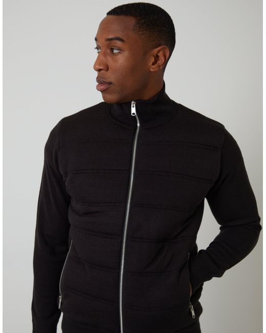 Threadbare Black Quilted Zip Up Knitted Jacket for men