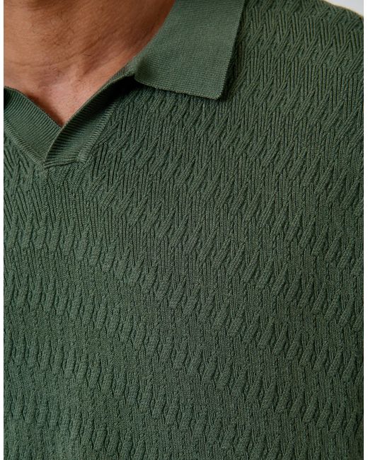 Threadbare Green Textured Knit Front Trophy Neck Polo for men