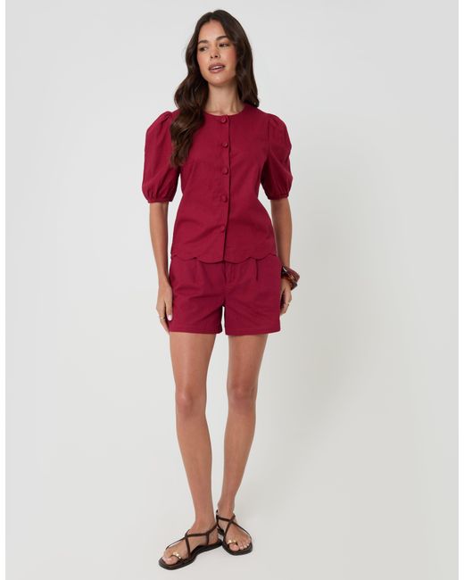 Threadbare Red Linen Blend Puff Sleeve Top