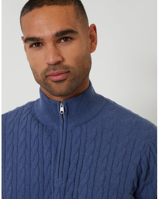 Threadbare Blue Cable Knit Quarter Zip Jumper for men